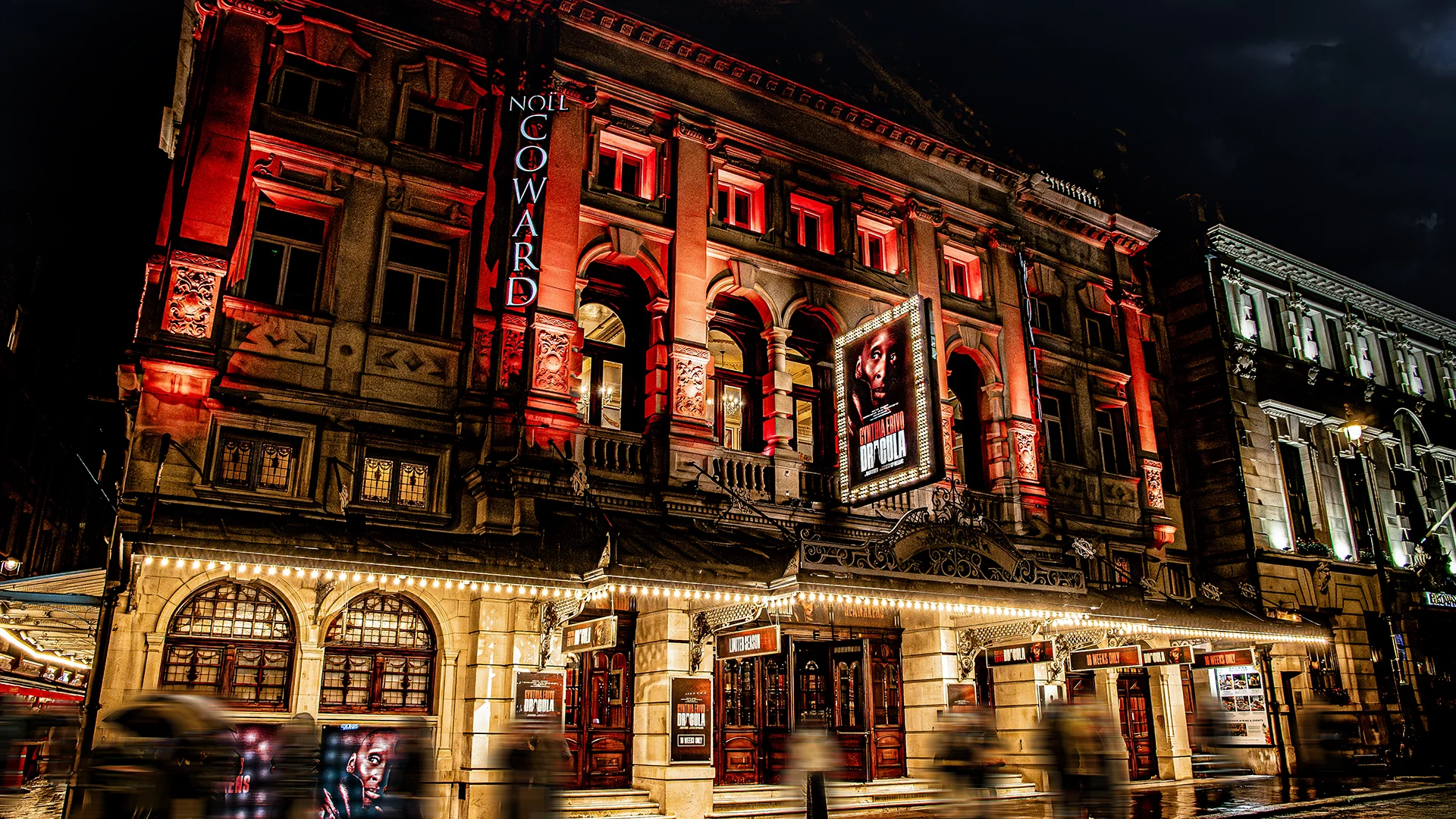Noël Coward Theatre external view with Dracula signage